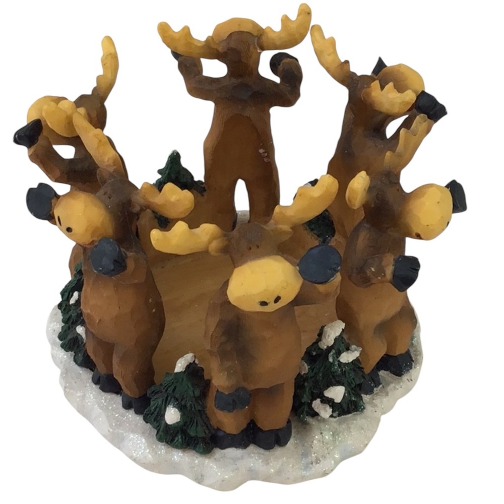 Circle Of Dancing Cheering Moose With Snowy Trees Whimsical Pillar Candle Holder